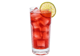 A pristine highball glass exhibiting condensation, filled with vibrant cherry-red fruit spritzer and chiseled crushed ice on a transparent background. Concept for beverage advertising