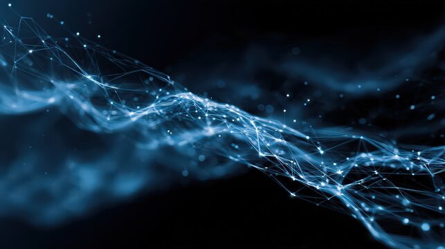 Abstract Network of Blue Lines and Dots Connecting in a Complex Structure Against a Dark Background with Soft Lighting and Depth of Field Effect
