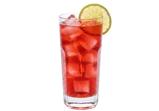 A pristine highball glass exhibiting condensation, filled with vibrant cherry-red fruit spritzer and chiseled crushed ice on a transparent background. Concept for beverage advertising - Powered by Adobe