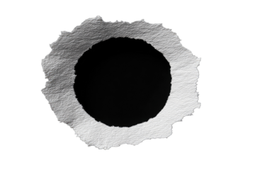 Torn paper edge forms a rough circular frame around a stark black void, isolated on black
