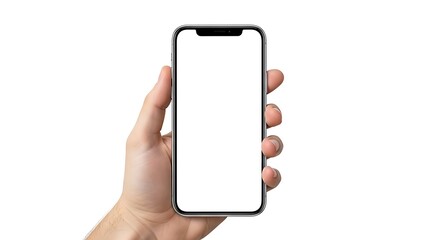 Hand holding contemporary smartphone with empty white screen