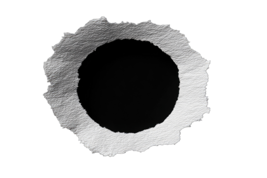 Torn paper edge forms a rough circular frame around a stark black void, isolated on black