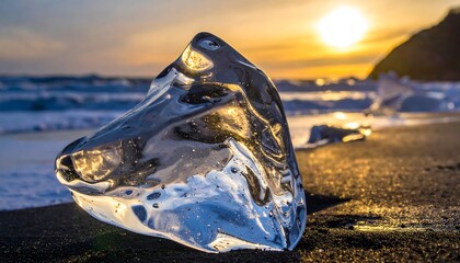 Obraz premium Clear ice piece rests on black sand; ocean waves and a distant hill form a striking backdrop