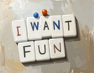 Tile-arranged message "I WANT FUN" with magnets, painted effect