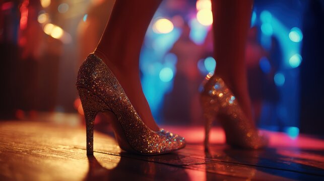 Close-Up of Glittering Heels on Nightclub Dance Floor, Capturing the Vibrant Energy and Lively Atmosphere of Nightlife in a Bustling Venue