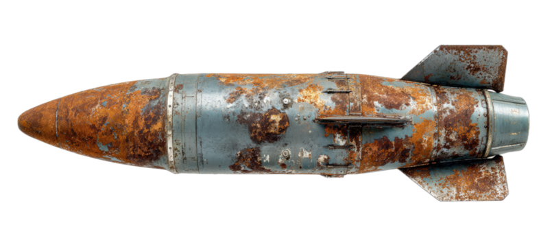 Old, rusty aerial bomb with faded blue paint and visible corrosion on a black background