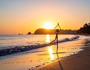 Tiny figure balances in yoga pose on beach, sun setting over water