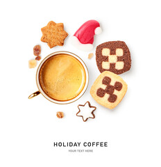 Christmas flat lay with coffee, festive homemade cookies, santa hat and sugar photography isolated...