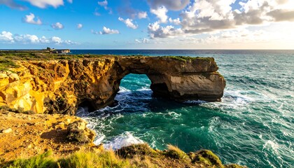 Coastal archway formation along a rocky cliffside, waves crashing in the turquoise water below, under a partly cloudy sky