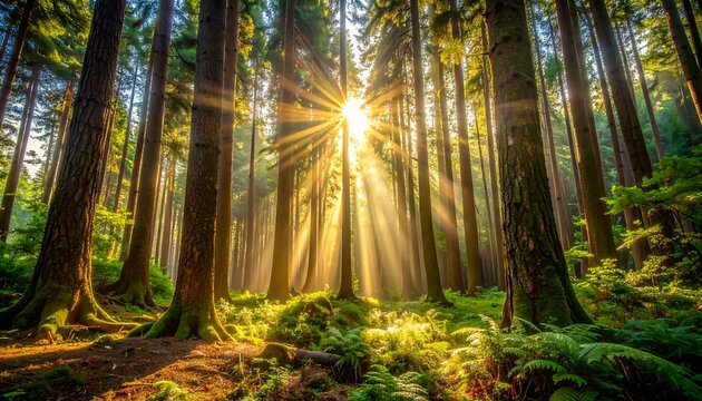 Sunlight streams through tall trees in a lush forest. Green undergrowth and a bright sunburst create a vibrant scene