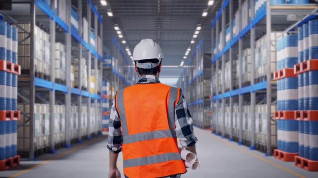 Back of Asian Male Engineer Holding Blueprint While Walking at Warehouse Aisle with Chemical or Oil Barrels on Pallet Racking