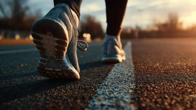 Close-Up Shot of Running Shoes on an Asphalt Track During a Beautiful Morning Workout Session
