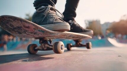 Close-up of a skateboarder in sneakers performing tricks on a ramp at a vibrant skatepark during a sunny day, showcasing passion for skating