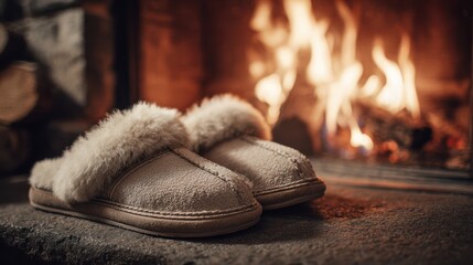Cozy Slippers Next to a Warm Fireplace in a Winter Setting Perfect for Holiday Relaxation and Comfort Atmosphere