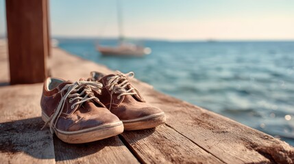 Close-Up Image of Worn Sneakers on a Wooden Pier with Ocean in the Background During a Bright Summer Day