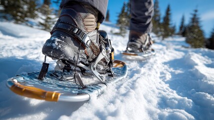 Close-up of Snowshoes Strapped on a Person Walking along a Snowy Trail in a Forested Outdoor Setting under Clear Blue Sky