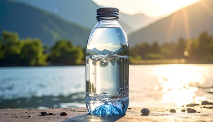 Clear water bottle in front of a lake, with soft golden sunlight and mountains in the backdrop