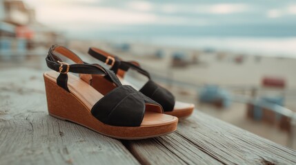 Stylish Close-Up of Wedge Sandals on Boardwalk by the Beach, Perfect for Summer Vacations and Trendy Coastal Outfits