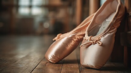 Close-Up of Graceful Ballet Shoes on Dance Studio Floor Capturing Elegance and Artistry of Dance in a Soft and Warm Atmosphere