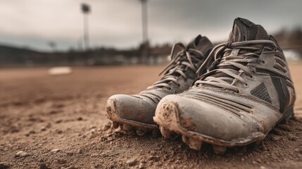 Close-Up of Worn Baseball Cleats on Dirt Field, Capturing the Essence of Sports and Athleticism in an Outdoor Environment