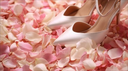 Elegant Close-Up of Bridal Shoes Nestled Among Soft Flower Petals in a Romantic Setting for Wedding Inspiration