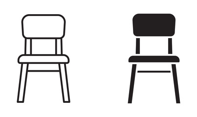 Chair icon set in outline and silhouette style, representing seating furniture, interior items, and home decor, vector illustration.
