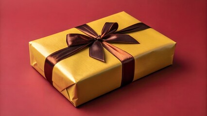 Yellow gift box with red ribbon on red background.