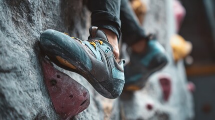 Close-Up of Climbing Shoes on Artificial Wall, Showcasing Grip and Performance During Climb, Perfect for Fitness and Outdoor Enthusiasts