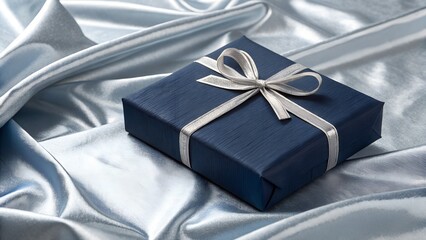 Blue gift box on silver fabric background.