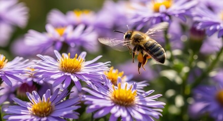 A busy honey bee with pollen on its legs flying among vibrant purple aster flowers with bright yellow centers in a sunny garden.