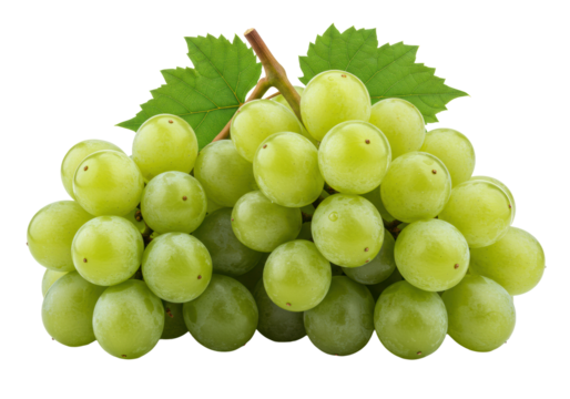 Two clusters of hyper-glossy, ripe, translucent emerald green grapes with dark green vine leaves and glistening dew, isolated on a transparent background. Concept for premium fruit quality