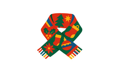 Christmas scarf illustration with designs of tree, socks, ball.
