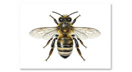 Detailed top-down view of a single honey bee with transparent wings and segmented body on a plain white background.