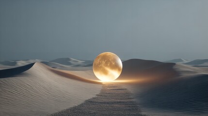 Glowing sphere in a desert landscape with sand dunes and a blue sky