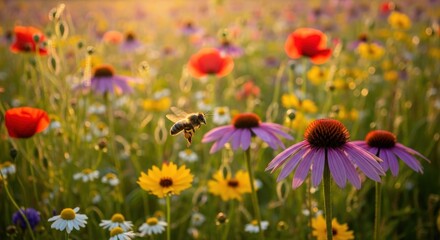 A bee flying towards a purple coneflower in a vibrant wildflower meadow at sunset.