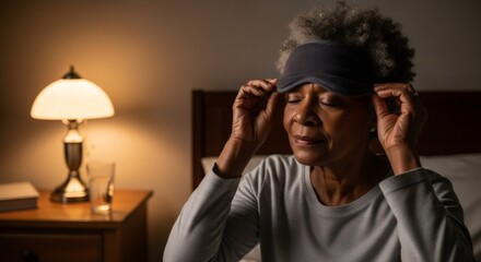 Woman adjusting her sleep mask in bed in a dark room. Senior african american female having trouble sleeping in evening for health concept.