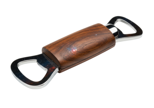 high-end bottle opener with polished walnut wood handle and chrome mechanism, displaying a double exposure of a vivid starry nebula, macro product shot isolated on clinical white. Concept of cosmic
