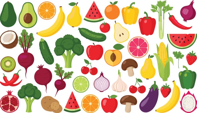 Mega Colorful Fruits and Vegetables Vector Collection Set Featuring Produce, Berries, Peppers, Citrus, Root Vegetables, and Tropical Food Items.