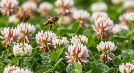 Honey bee in flight above a vibrant field of white and pink clover blossoms.