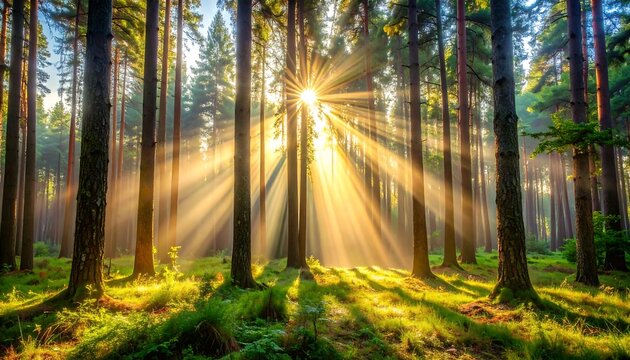 Sunlight streams through tall trees in a vibrant forest, casting golden rays upon the lush green undergrowth