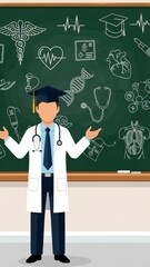 Doctor in Graduation Cap with Medical Symbols on Blackboard.