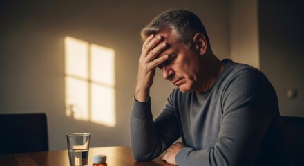 Older man suffering from headache and depression at home. Health issue, mental issue for medical advertisement or healthcare concept.
