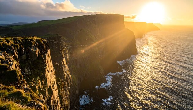 Cliffs overlook the ocean during a sunset, sunbeams peaking over the edge