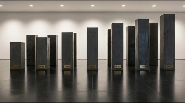 A row of tall rectangular columns of varying heights stands in a gallery, each labeled with a year from 1920 to 2010, resembling a visual timeline