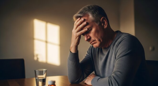 Older man suffering from headache and depression at home. Health issue, mental issue for medical advertisement or healthcare concept.