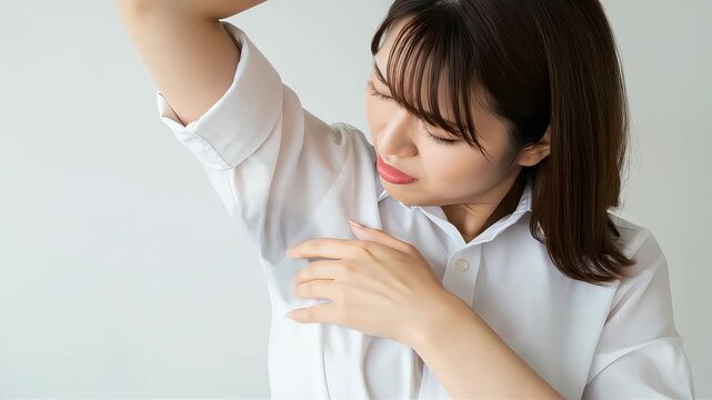 脇の汗ジミを触って確認し、困った表情を浮かべる女性