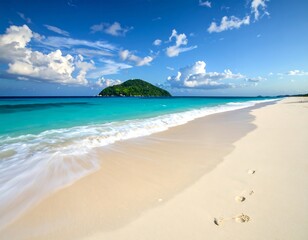 Obraz premium Turquoise water meets white sand beach under a bright blue sky