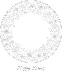 
Floral Frame. Wreath with stylized flowers. Rose, peony flowers. Decorative element for holiday design. Isolated vector illustration. Spring time style.