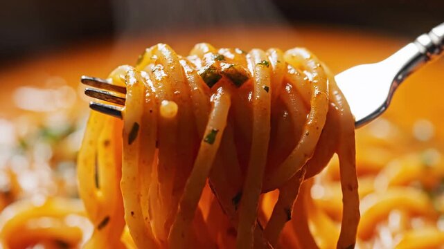 Close up view of spaghetti pasta lifted by fork with tomato sauce and herbs