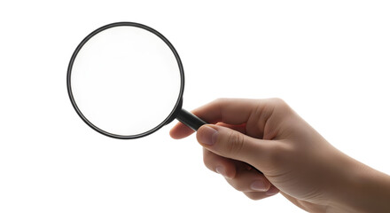 Hand holding a magnifying glass against a black background for investigation